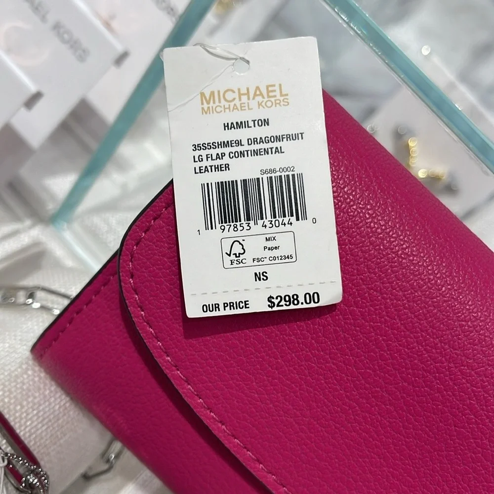 Michael Kors Hamilton Large Leather Flap Continental Wallet Dragonfruit NWT